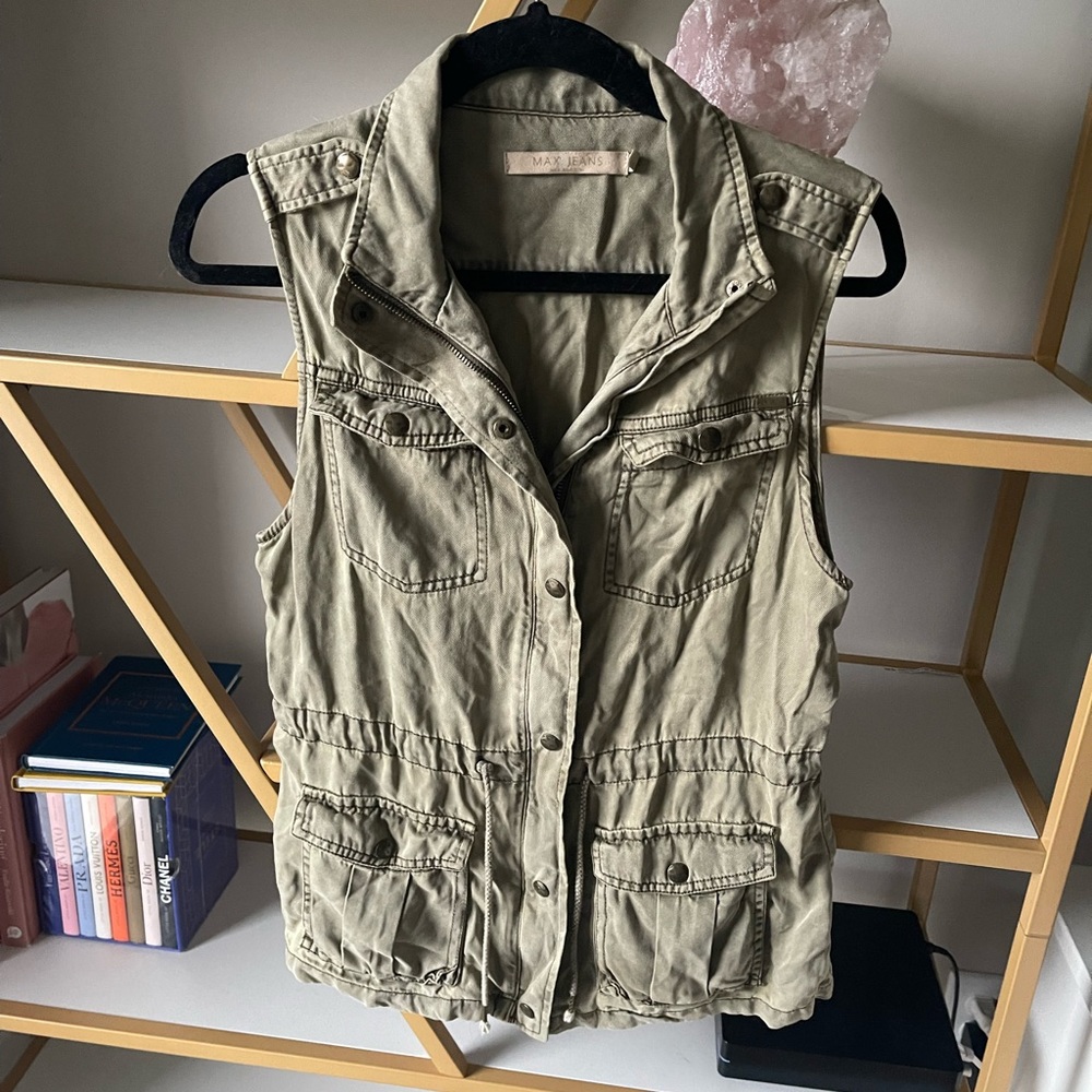 Max Jeans Vest Olive Green Khaki Tencel Military Style Long Jacket Women’s Small